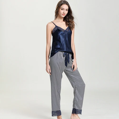 blue set Fiklyc нижнее белье, длинные штаны, женские полосатые пижамные комплекты, летние атласные пижамы без рукавов, пижамные комплекты, Новое поступление, ночные рубашки - Цвет: blue set
