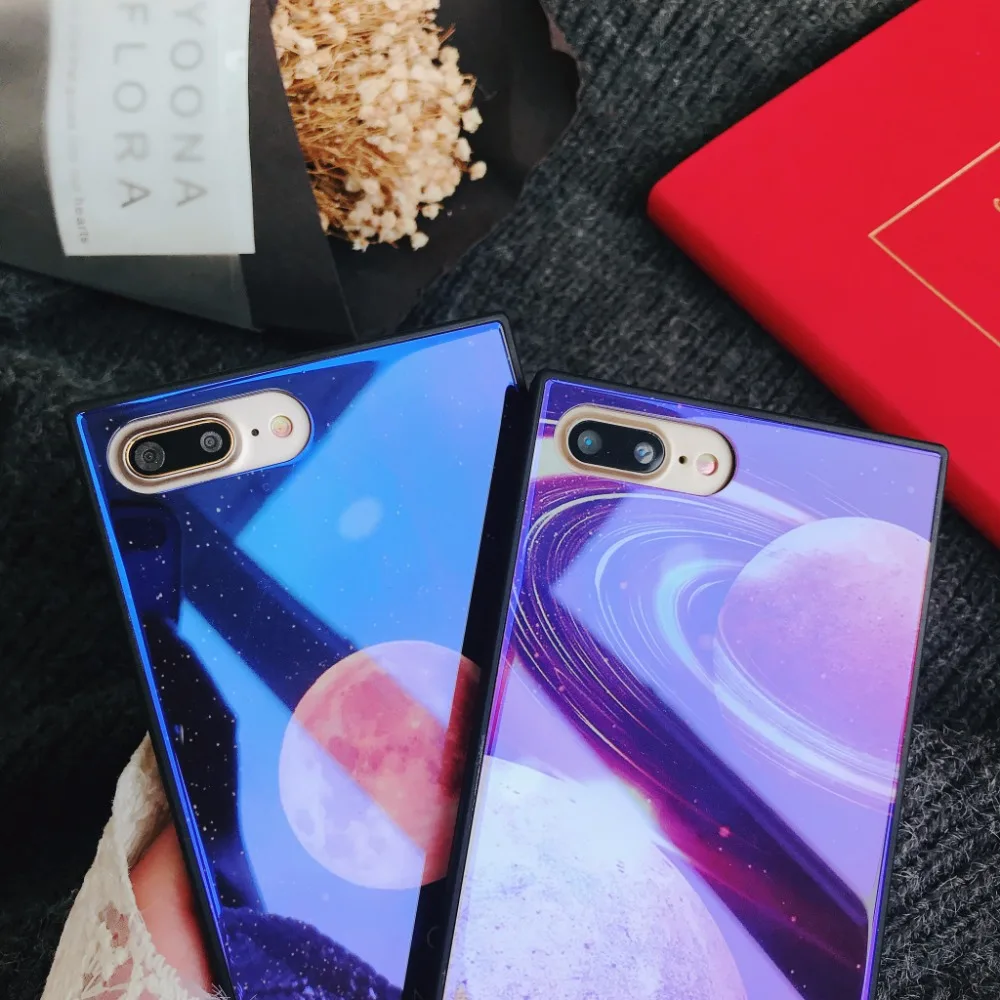 ZMASI Tempered Glass Cell Case for iPhone X 6 6s Blue-ray The Earth Moon Square Phone Shell 7 8 Plus Back Cover |
