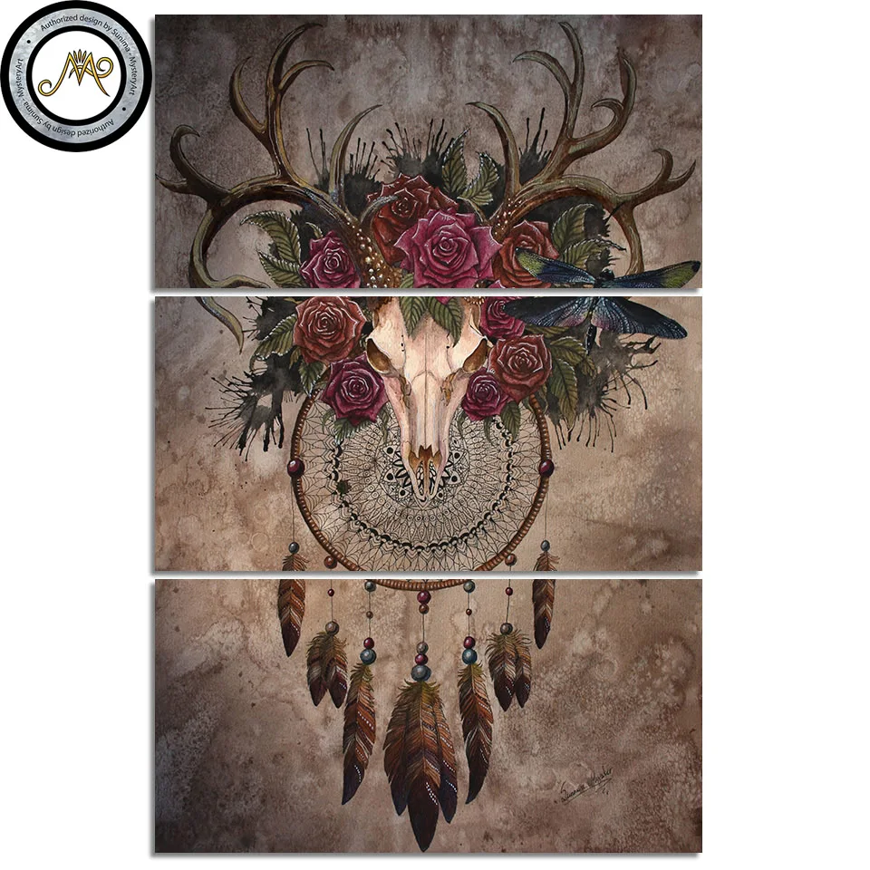 Mystery Skull Dreamcatcher by Sunima-MysteryArt HD print 3 piece canvas art Deer For Living Room Decoration CU-2954C | Дом и сад