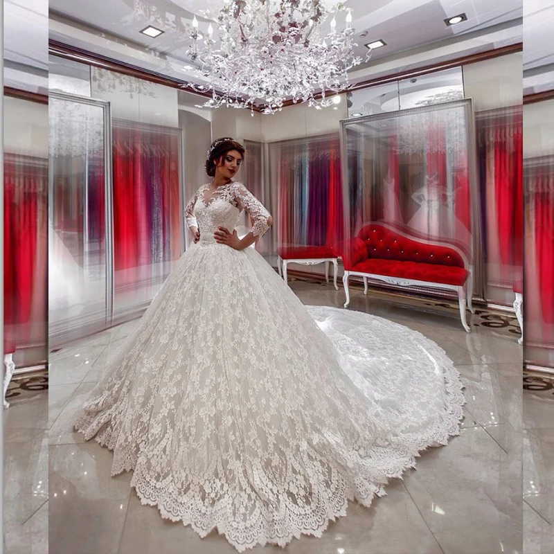 

Luxury Ball Gown Lace Robe de mariage 2018 Custom Made Long Sleeves Vestidos de Novia See Through Back Vestido de Noiva ZJ13