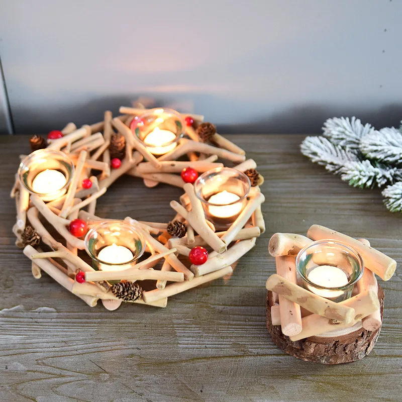 Рождество натурального дерева подсвечники большой Стекло Подсвечники Tealight сосновая шишка украшения стола Nordic Стиль декор с утолщённой меховой опушкой