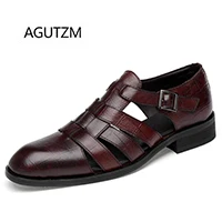 AGUTZM/Новинка 9195 года; цвет черный, коричневый; узкие полосы; модные туфли с пряжкой на квадратном каблуке из натуральной кожи; летние мужские кожаные сандалии - Цвет: Brown