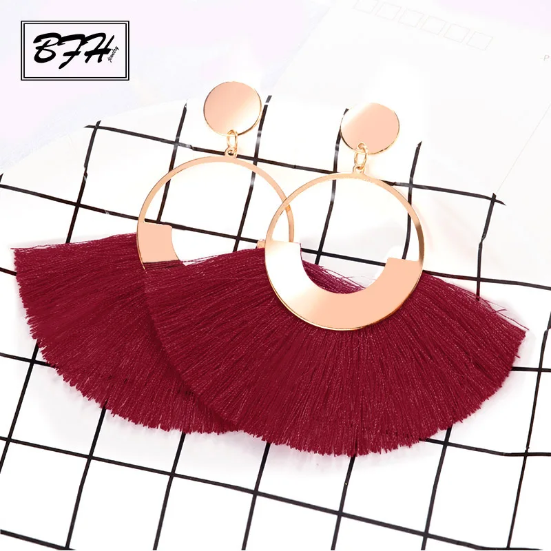 Wine Red BFH, богемные серьги-капли с большой кисточкой для женщин, женские серьги с бахромой ручной работы, модные женские серьги, ювелирные изделия - Окраска металла: Wine Red