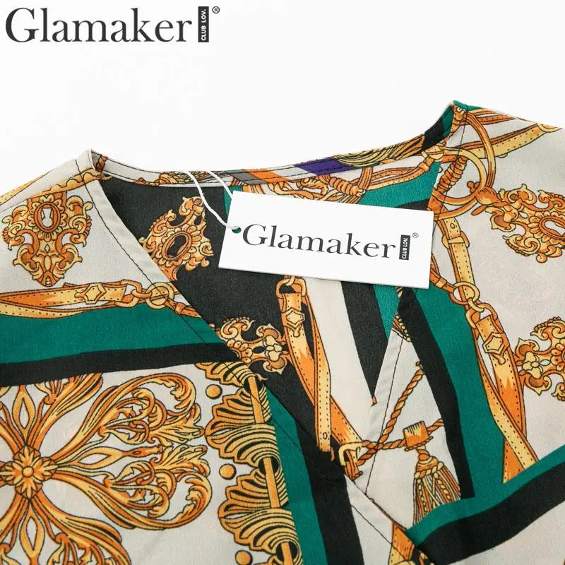 Glamaker Женские топы и блузки с цепным принтом и v-образным вырезом рубашка Топ Женская рабочая одежда элегантная шифоновая рубашка с длинным рукавом женская блузка
