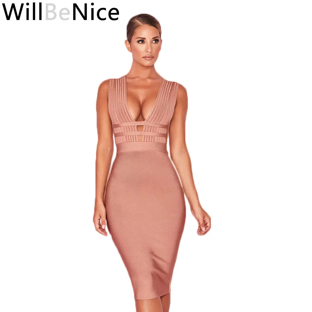 WillBeNice Women Hollow Cut Out Bandage Dress 2019 New  Sexy Deep V-Neck Sleeveless Bodycon Club  White Evening Party Dress