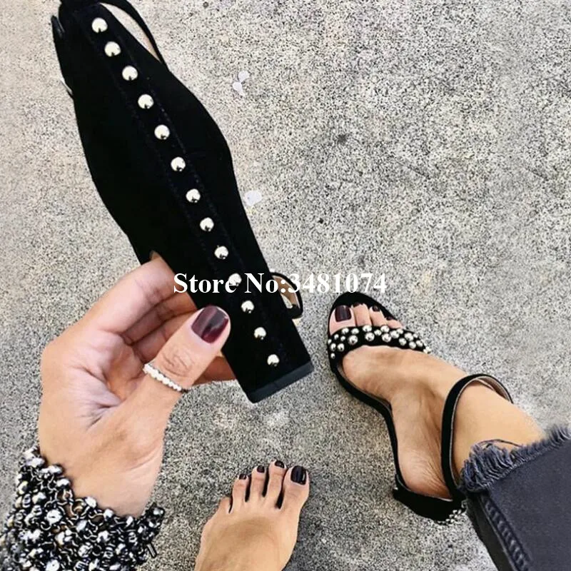 

2019 Summer Fashion Flock Rivet Decoration Black Square Heel High Heel And Open Toe Buckle Strap Women Sandals Party Shoes