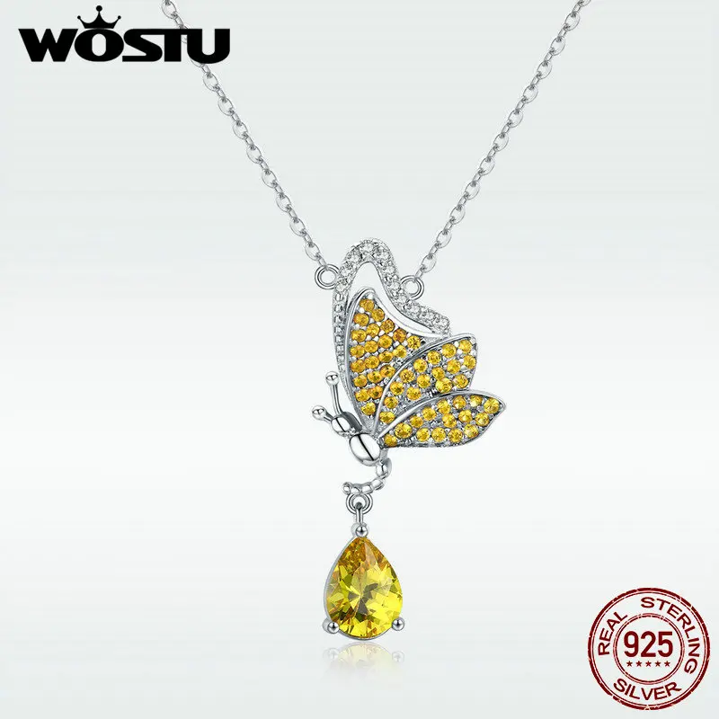 WOSTU романтическое Новое серебро 925 пробы танцевальная Бабочка Желтый CZ кулон