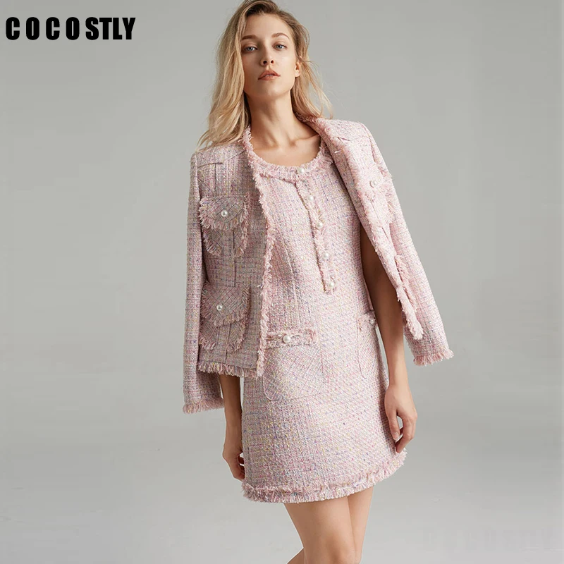 Женская твидовая куртка в мелкую клетку приталенная из смеси шерсти с круглым