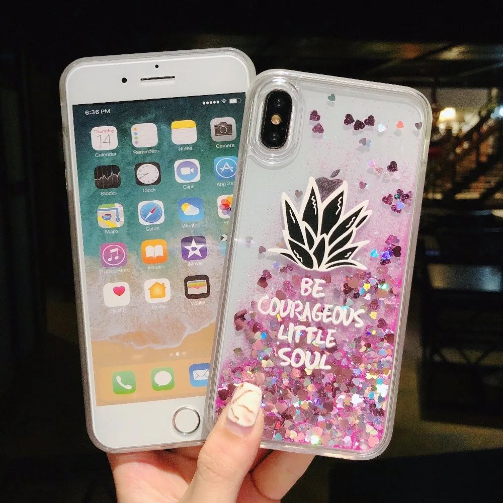Bling Glitter Dynamic love heart pineapple Liquid Quicksand Phone Back cover For iPhone 6 6S Case 7 8 X Plus Capa |