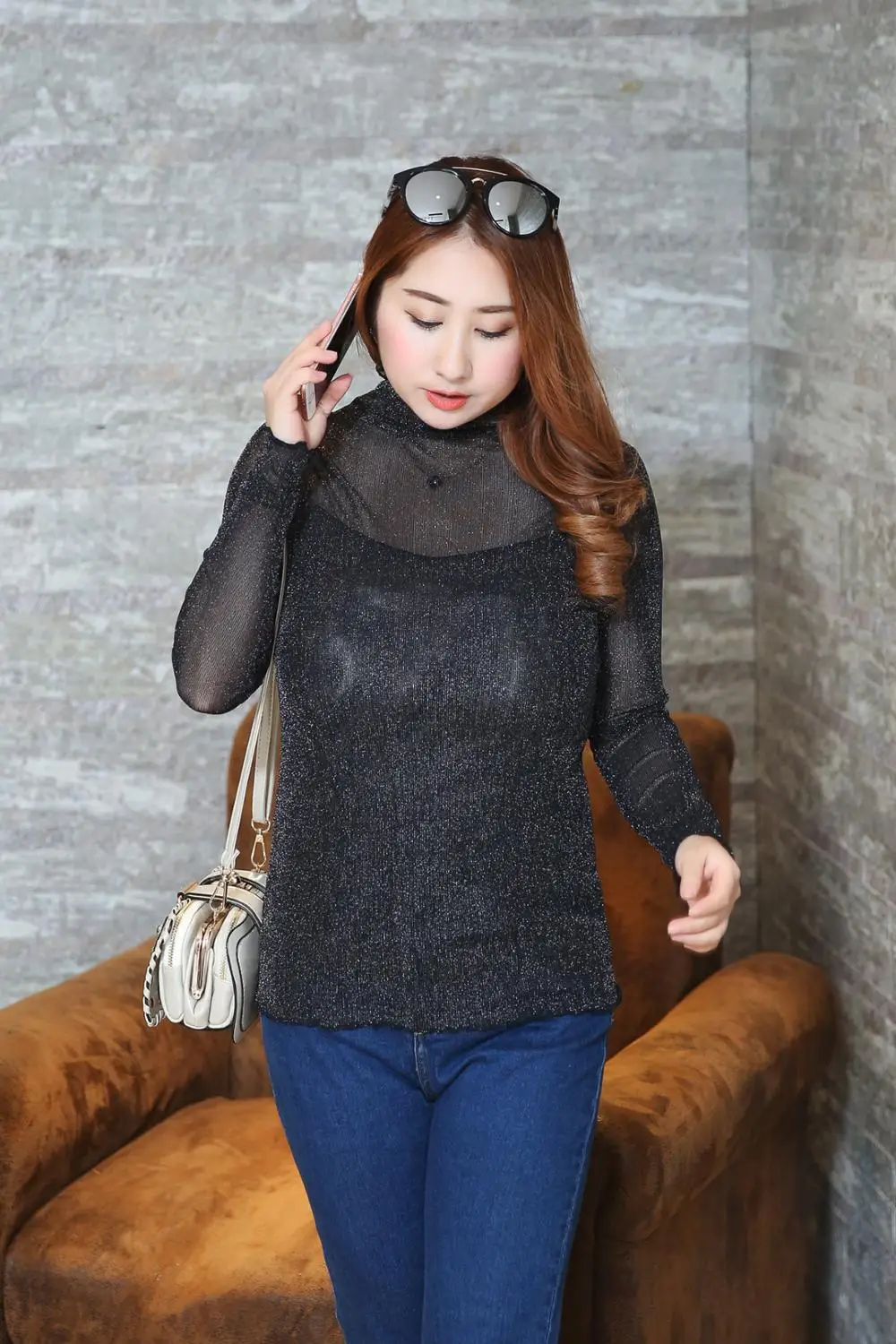 MINSUNDA Plus Size Bright Silk Mesh Sexy T-Shirt Scallop Trim Stretchy Tee Women Long Sleeve Casual Ladies Elegant Basic T-shirt | Женская