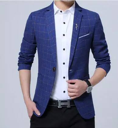 

Spring large size casual suits mens korean business men's lattice small suit thin slim youth jacket men coat blue black grey
