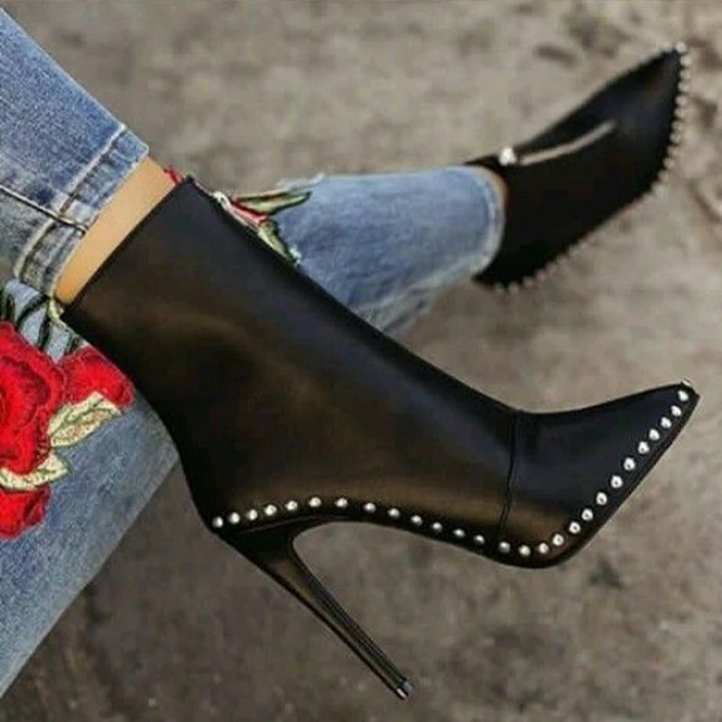2018 New Arrival Autumn Women Ankle Boots Rivet High Heels Shoes Woman Pointed Toe Sexy Motorcycle boots For Females | Обувь