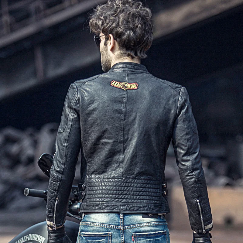 Motorcycle leather men's thin jacket Slim Korean version of vegetable tanned sheep handsome | Мужская одежда