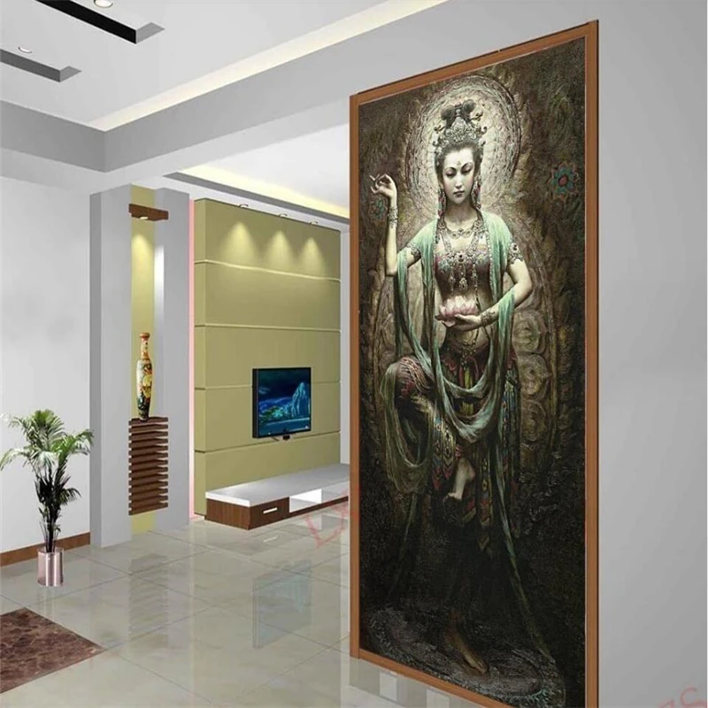 beibehang papel de parede Personality Wallpaper Retro Dunhuang Xuan TV Sofa Background Custom Large Mural Green | Обустройство дома