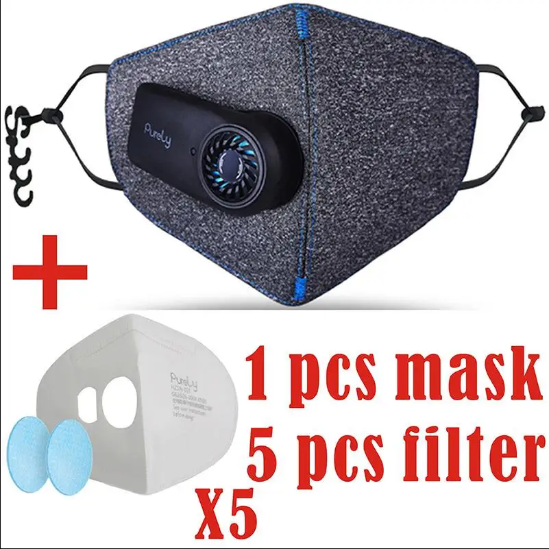 black with 5 filter Xiaomi чисто анти-загрязняющая воздушная маска с PM2.5 550mAh Battreies перезаряжаемый фильтр с вентилятором для спорта для мужчин и женщин - Цвет: black with 5 filter
