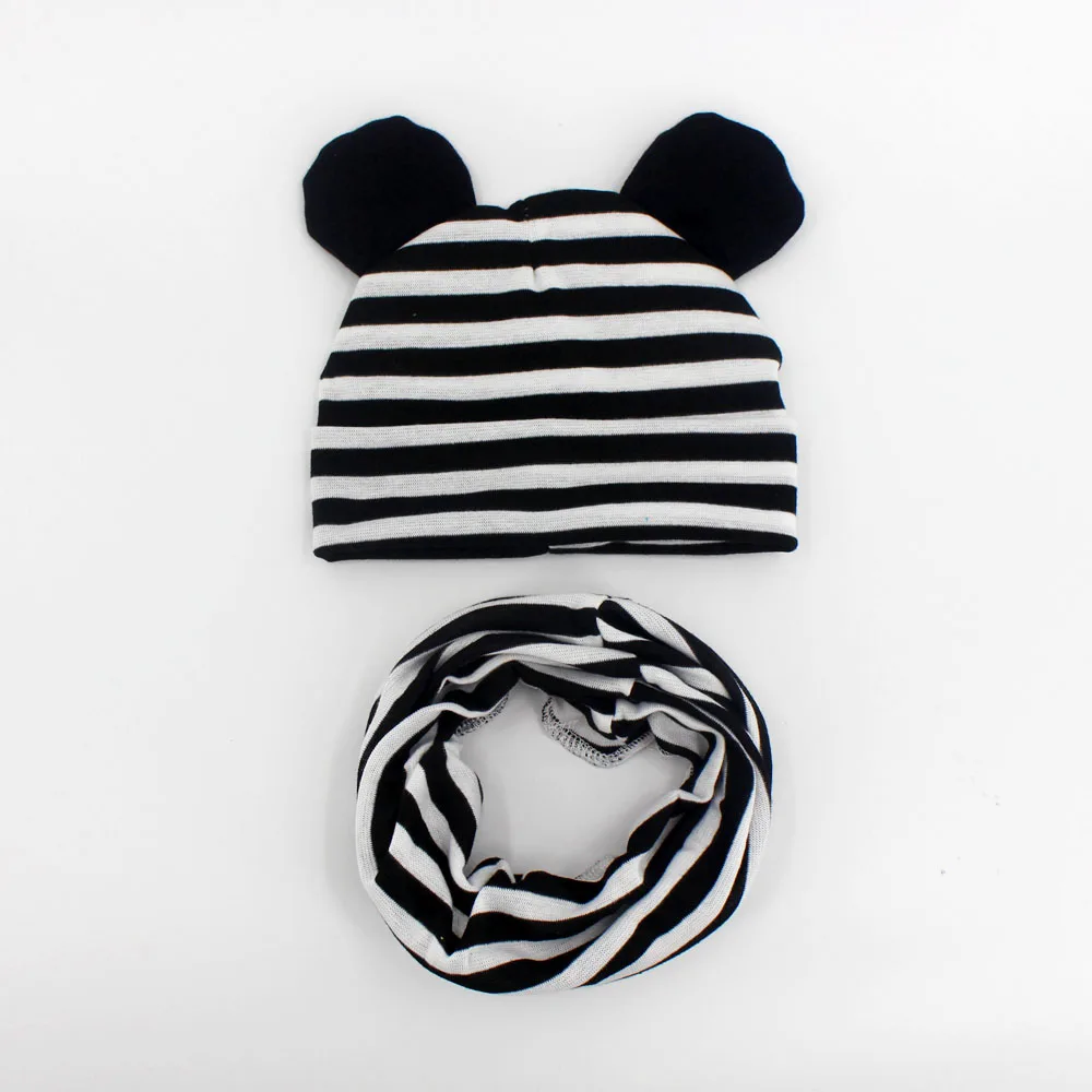 black stripe Новая весенне-осенняя хлопковая детская шапка с мягкими ушками для мальчиков и девочек набор из шапки и шарфа зимняя детская Милая шапочка Детские вязаные головные уборы наборы - Цвет: black stripe