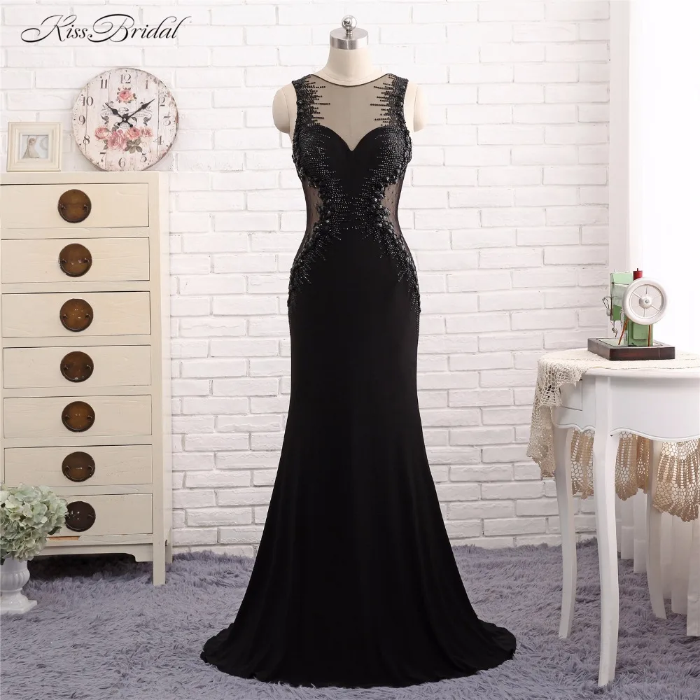 Женское вечернее платье русалка Черное длинное прозрачное с бусинами и