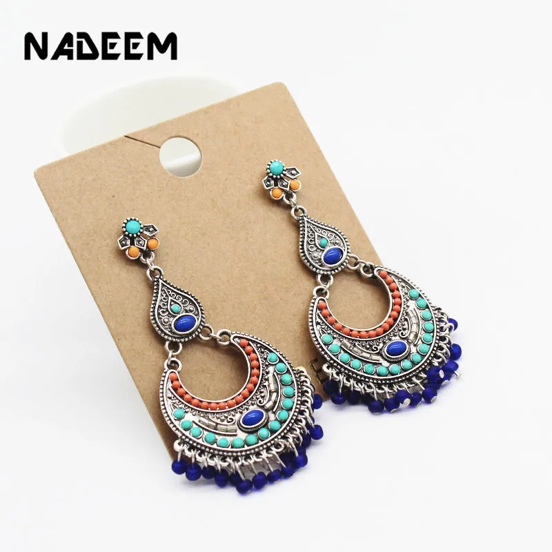 

Antique Silver Color Boho Multi Color Beads Gypsy Tribal Indian Drop Earrings for Women Vintage Beads Tassel Earring Jewelry