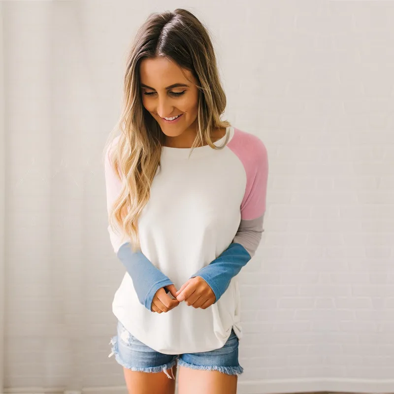 2019 Весенняя Лоскутная футболка Женская Повседневная рубашка с длинным рукавом