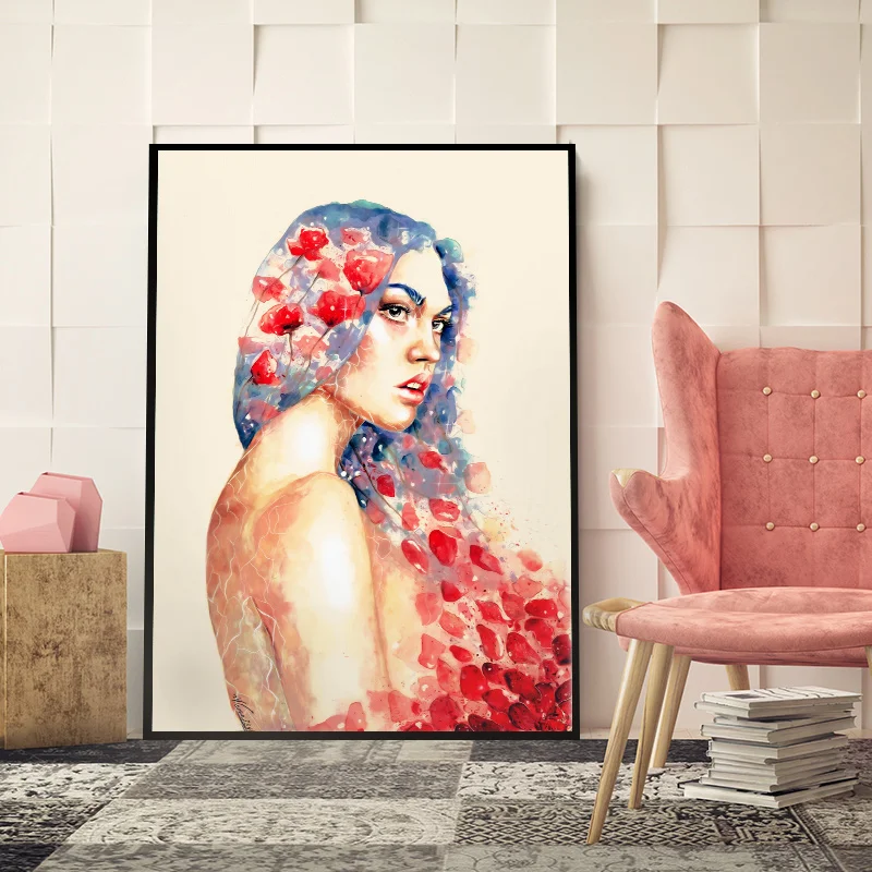 

Nordic Girlish Anime Canvas Painting Angel And Devil Poster And Print For Living Room Girl With Romantic Pink Folwer Wall Art