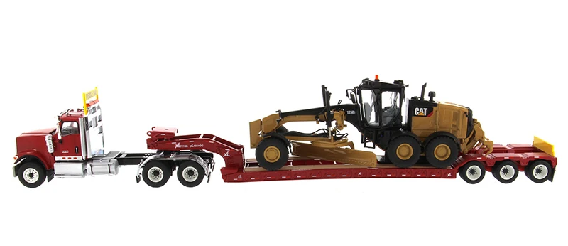 DM-85598 1:50 Международный HX520 тандем день кабина трактор с XL 120 Lowboy трейлер в красном и Cat 12M3 грейдер