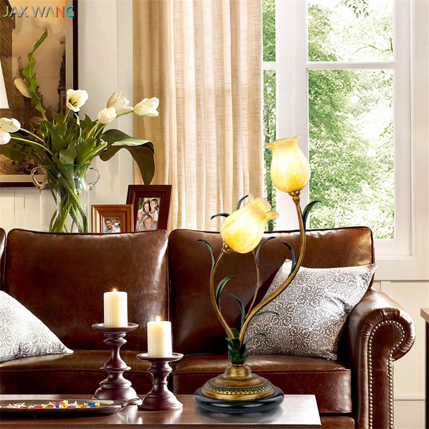 JW _ Американский пасторальный Рог цветы стеклянный абажур настольные лампы