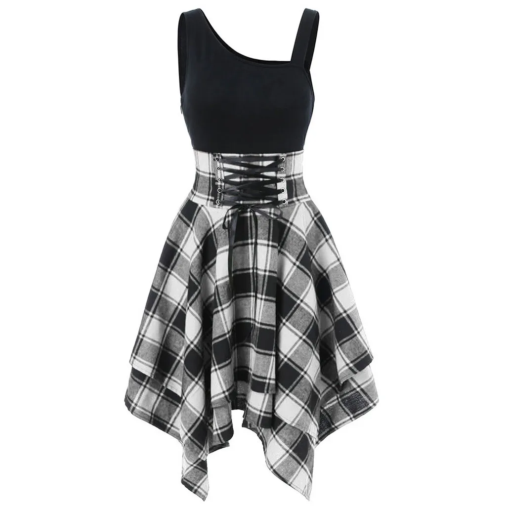 Sleeveless strapless cross strap plaid Dress print irregular dress sexy Club Fashion Women Shoulder Lace Up Party Evening 5.28 | Женская
