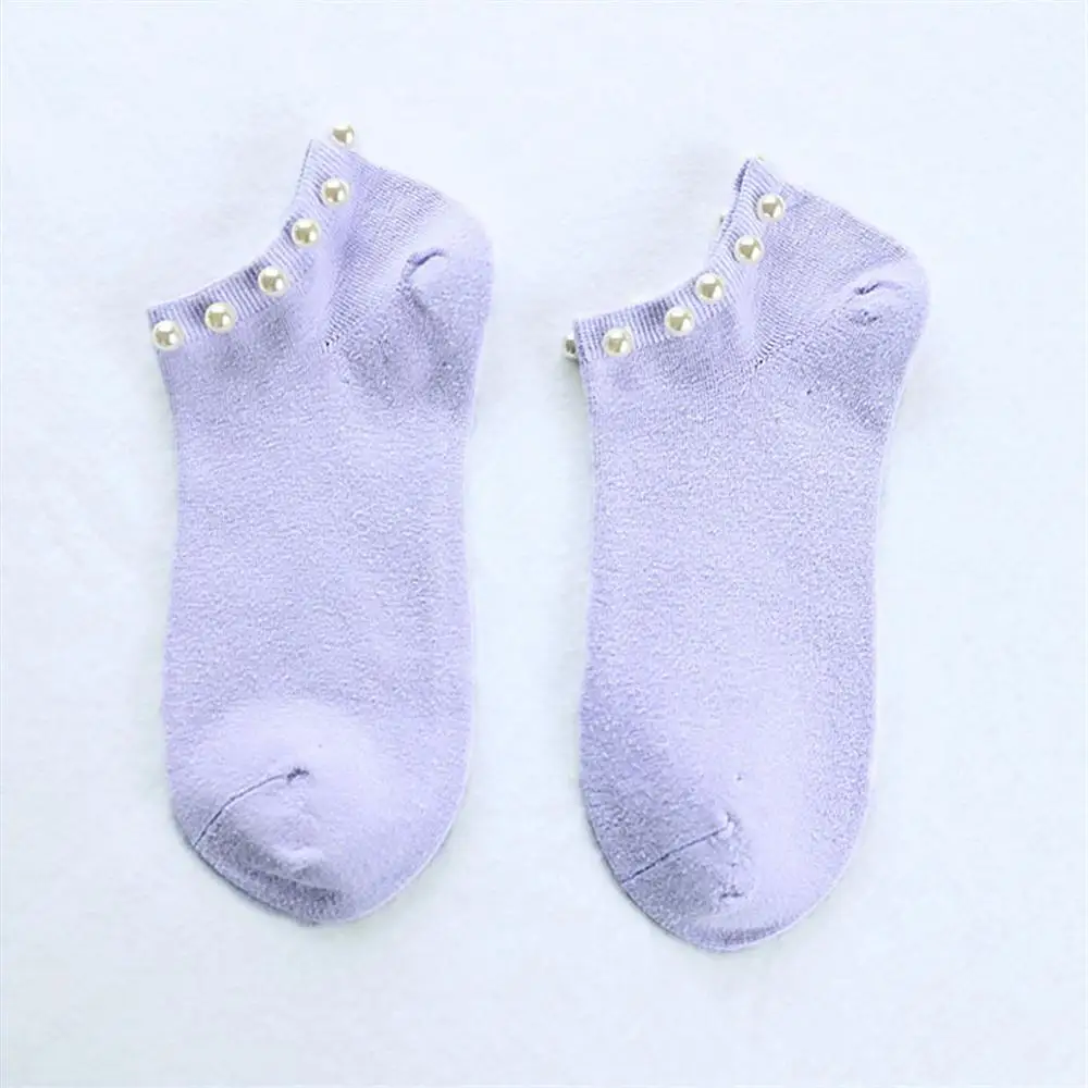 Light Purple 1 pairs Стиль, повседневные короткие носки для девушек, Носки ярких цветов с бусинами, чулочно-носочные изделия, горячая Распродажа, Женская хлопковая Милая блестящая жемчужина, носки - Цвет: Light Purple 1 pairs