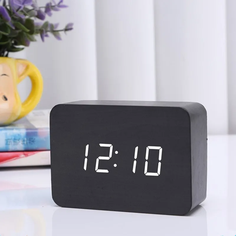 Black wood white lig Цифровой светодиодный Настольный Будильник из черного дерева с термометром, управление звуком, электронные часы для украшения дома, Лидер продаж, рекомендуем - Цвет: Black wood white lig