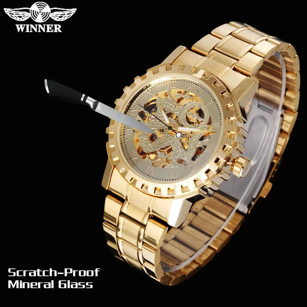 Мужские автоматические механические часы WINNER Стальные наручные с золотым