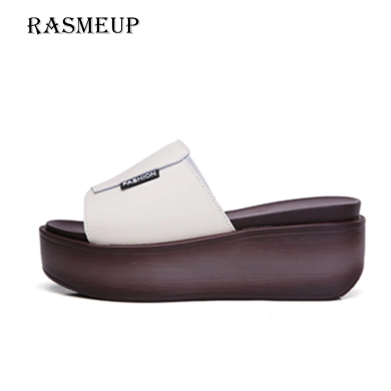 Женские шлепанцы из натуральной кожи RASMEUP черные и белые повседневные на