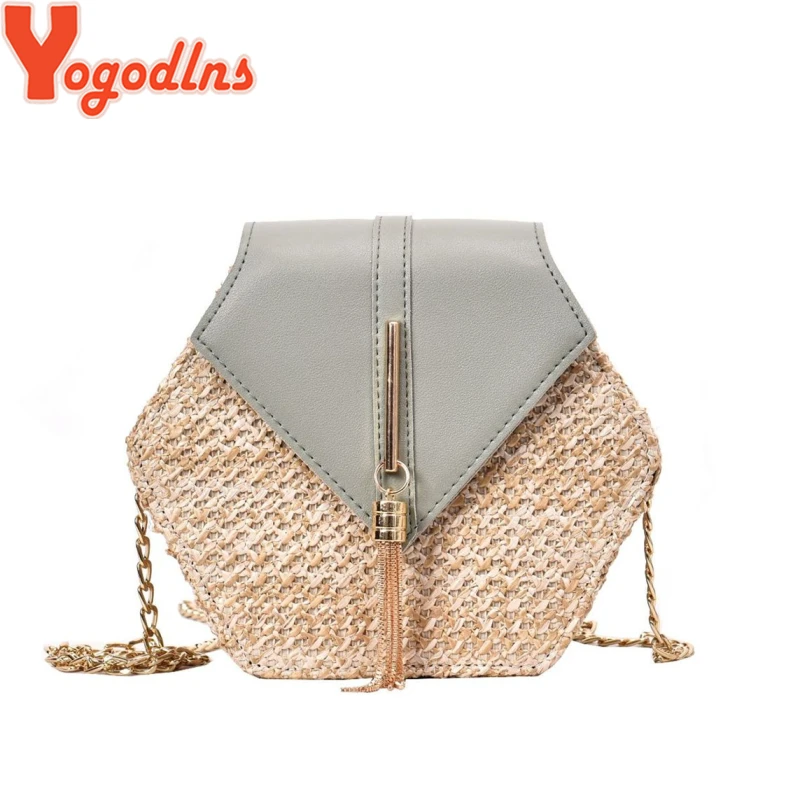 Yogodlns Hexagon Straw Shoulder Bag Women Summer Rattan Handmade Woven Beach Bohemia bolsa feminina chain Crossbody bag | Багаж и сумки