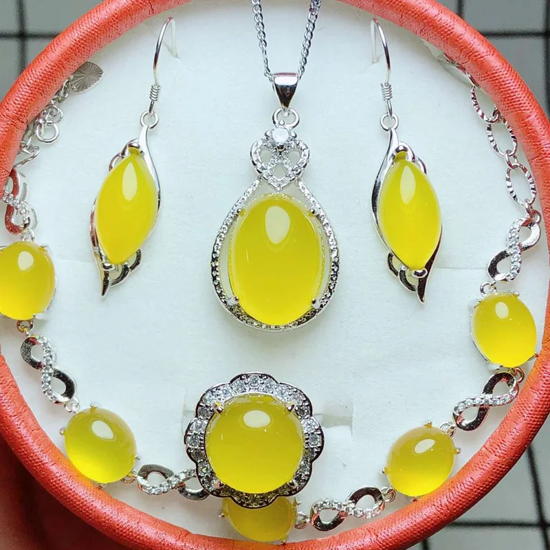 yellow Yu Xin Yuan, хорошее ювелирное изделие из натурального нефрита, ювелирный набор, кулон, кольцо, серьги, браслет для женщин, 925 набор серебряных украшений - Цвет камня: yellow