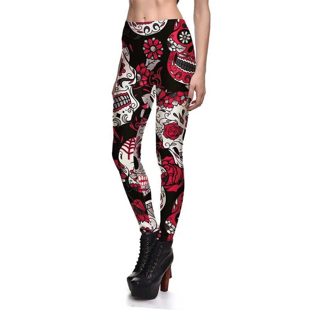 Осень Плюс Размеры Для женщин Тонкий Спорт Фитнес 3D череп цветок леггинсы