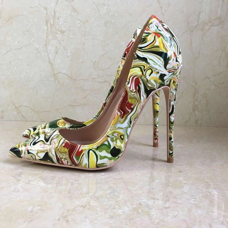 

Женские туфли с острым носком на высоком каблуке; сезон весна-осень; модные туфли-лодочки на очень высоком каблуке с цветным узором