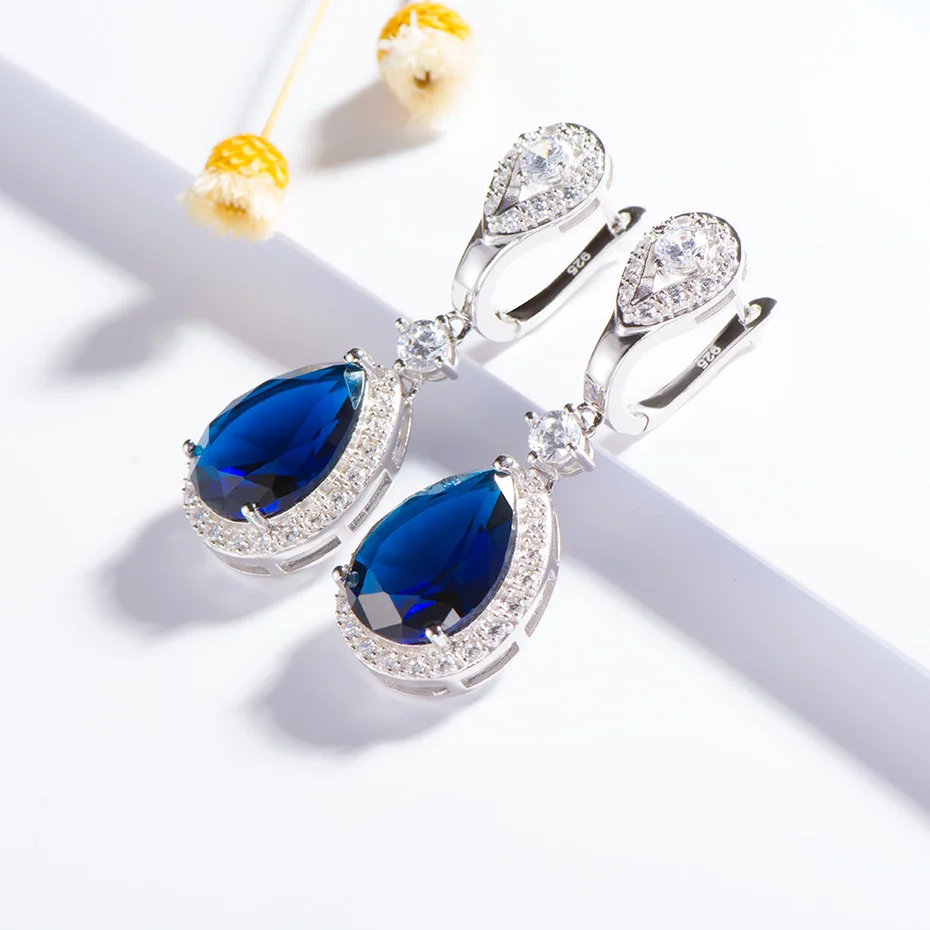 blue sapphire Kuolit, голубой сапфир, серьги-капли с драгоценным камнем для женщин, твердые 925 пробы серебряные ювелирные украшения для женщин, подарок на свадьбу - Цвет камня: blue sapphire