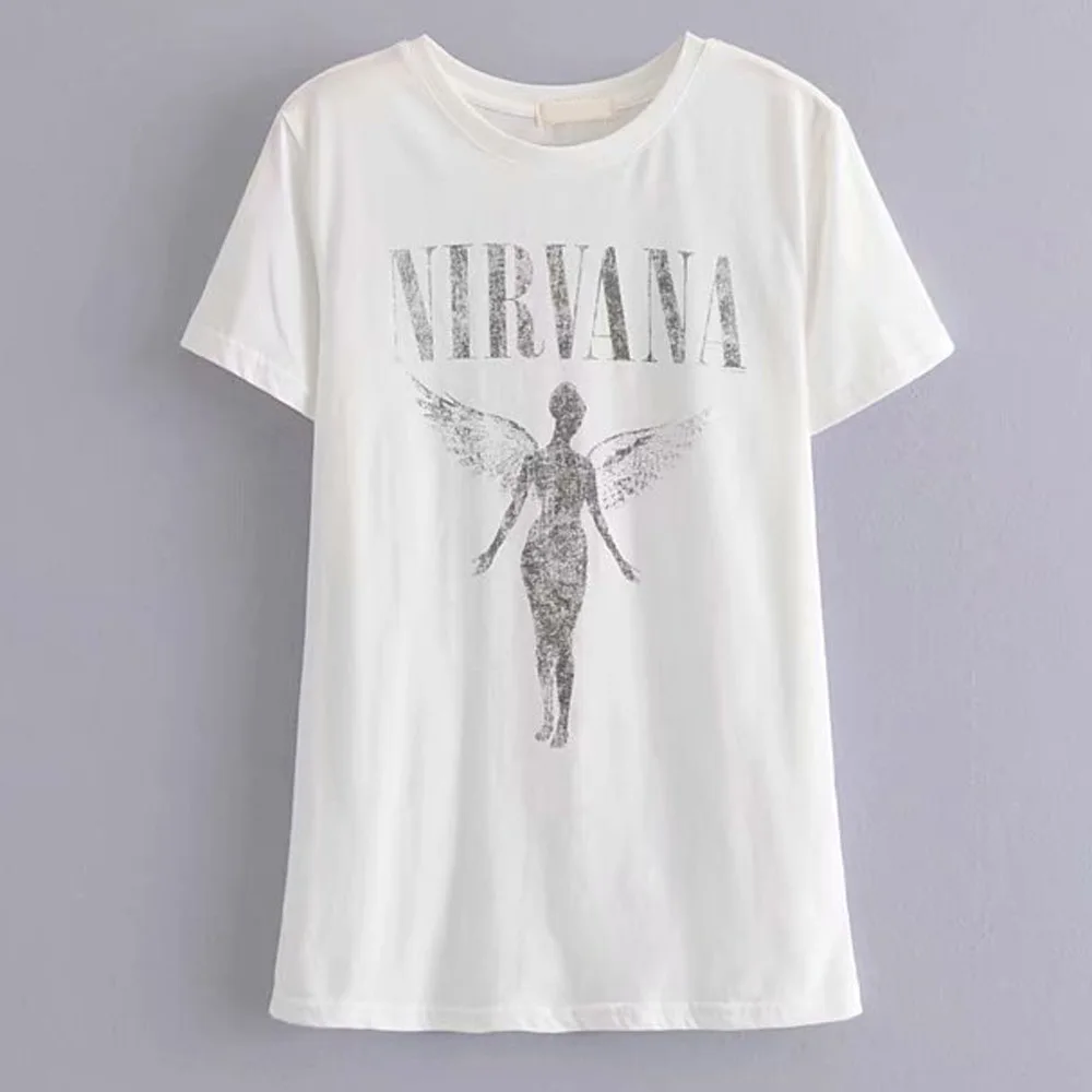TXJRH Bohemian NIRVANA футболка с коротким рукавом и надписью «Крылья Ангела» Стильный пуловер с круглым вырезом хлопковая белая футболка Топы - Цвет: White