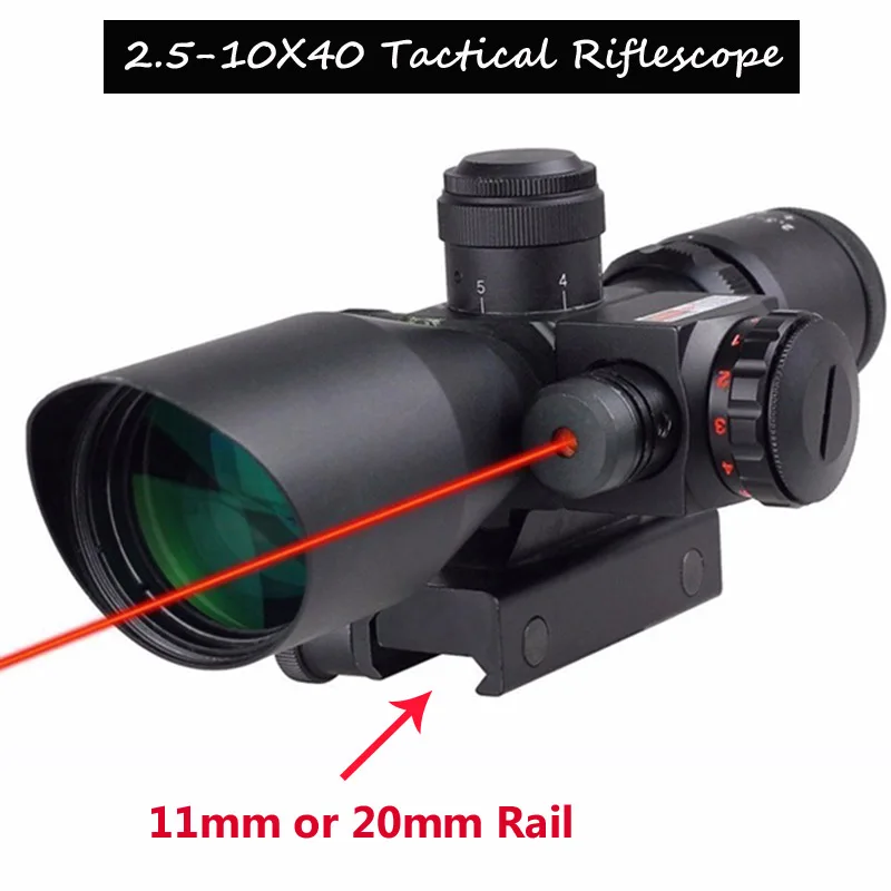2 5 10x40 Тактический прицел Охотничья оптика Лазерная винтовка красно зеленая