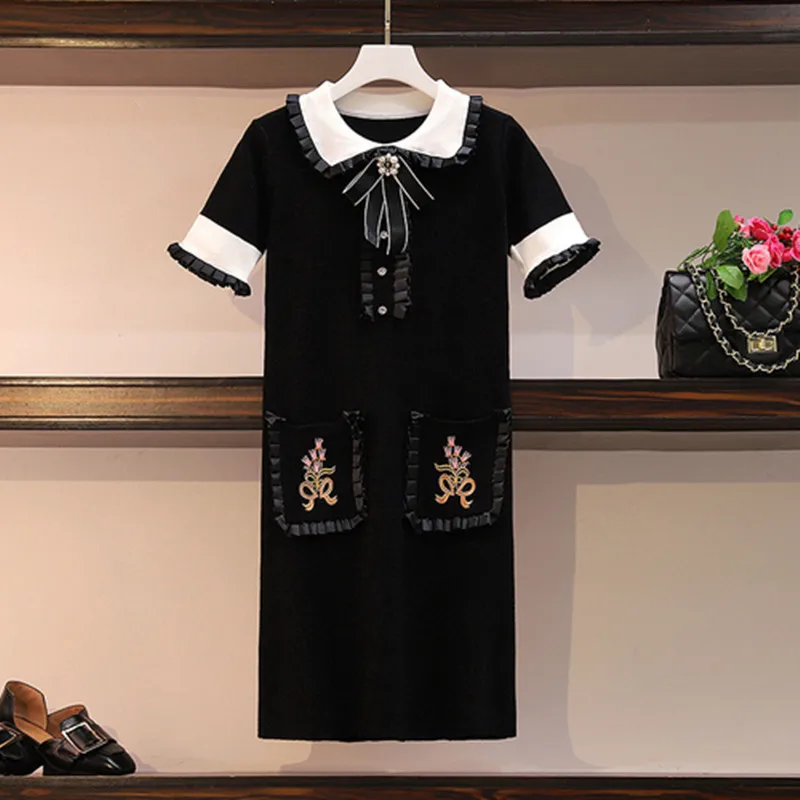 Новинка 2019 летнее модное трикотажное платье в Корейском стиле женское с вышитыми