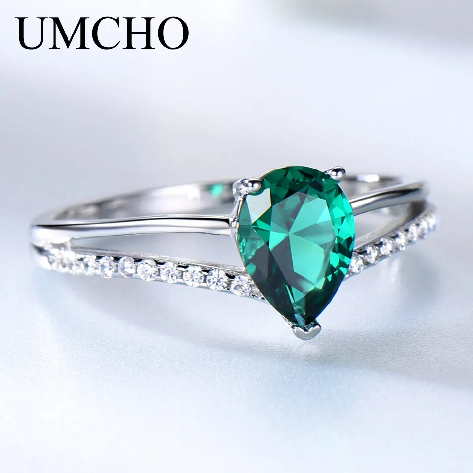 UMCHO зелёный Изумрудный камень, кольца для женщин, 925 пробы, серебряные ювелирные изделия, романтическое классическое кольцо в виде капли воды, подарок на день Святого Валентина