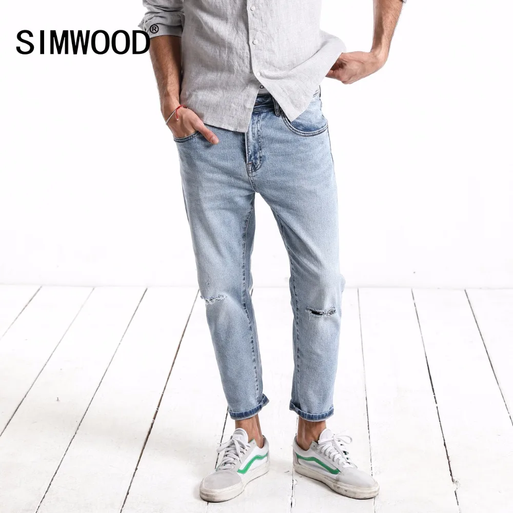 SIMWOOD 2019 весенние модные рваные джинсы мужские зауженные джинсовые брюки до