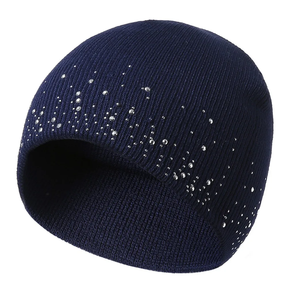Womens Knitted Beanie Hat Rhinestones Winter Warmer Ski Slouchy Caps Solid Color | Аксессуары для одежды