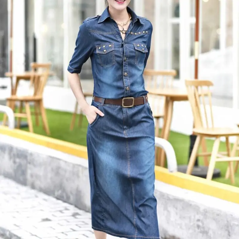 Новые модные джинсовые платья до щиколотки с заклепками женские осенние
