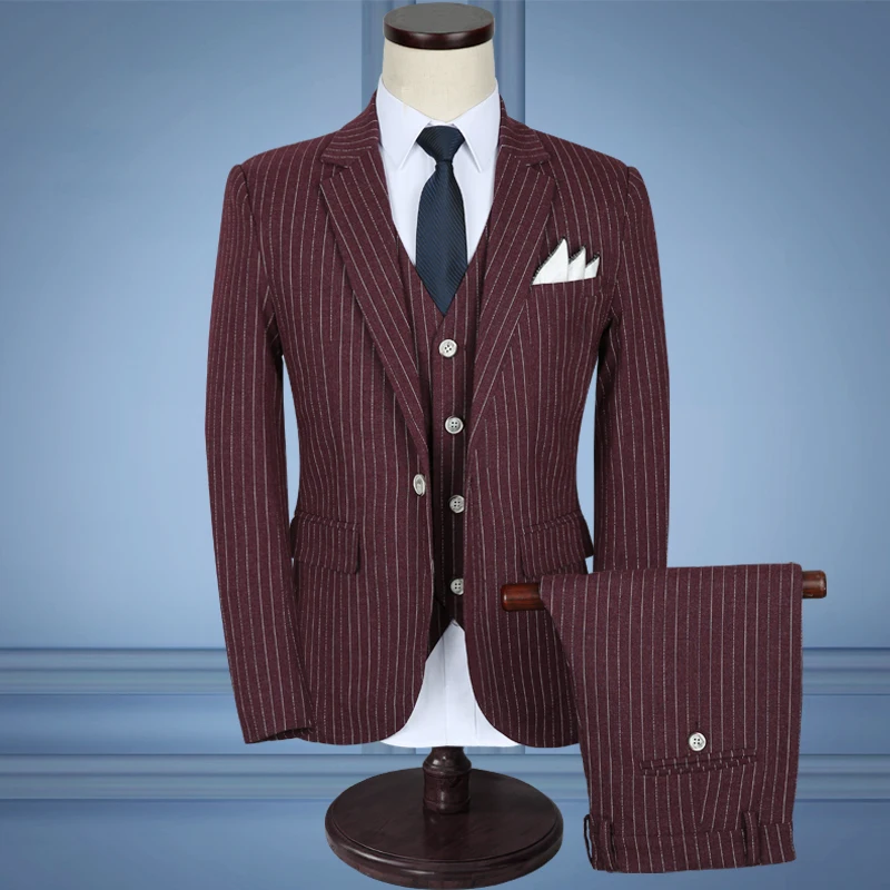 3 предмета Классическая Бизнес полосатый Костюмы для Для мужчин Slim Fit Свадебный