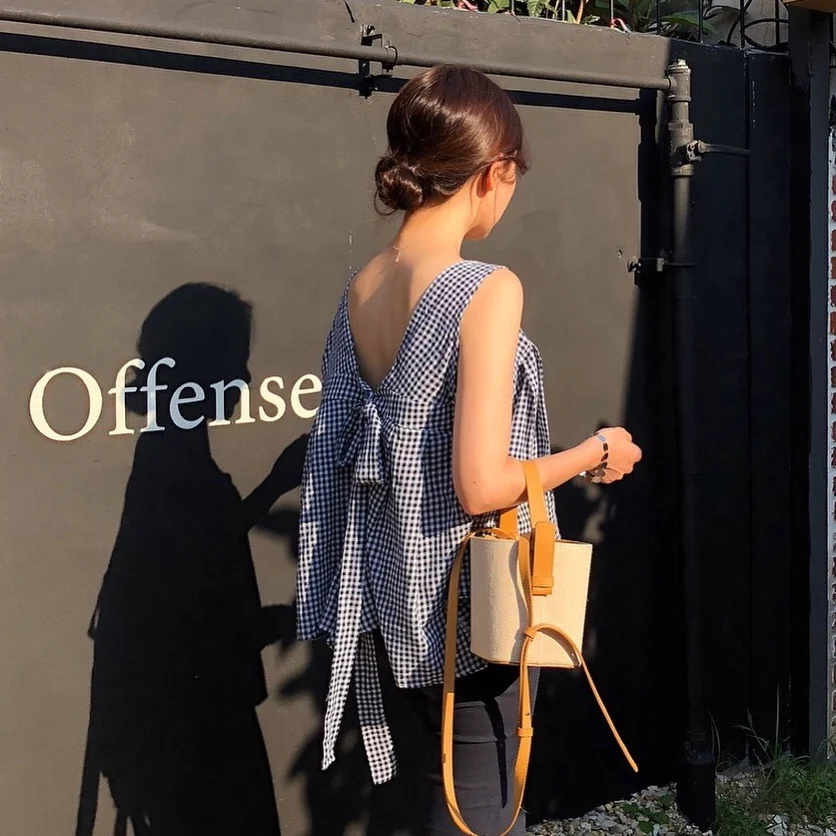 Клетчатые топы женские летние повседневные блузки без рукавов рубашки милые