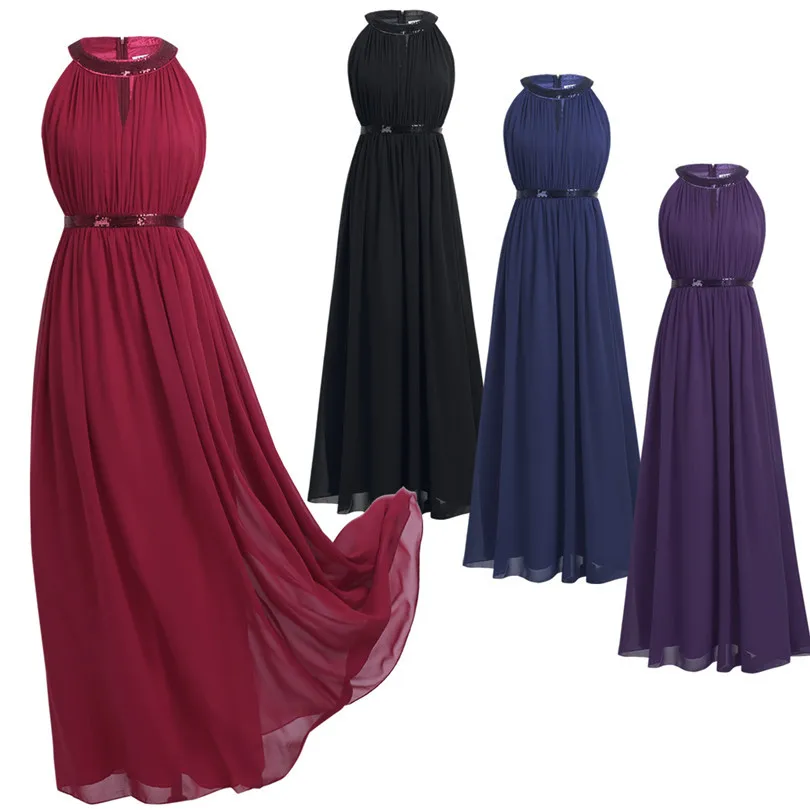 Женское шифоновое платье с блестками и лямкой на шее Длинное Элегантное