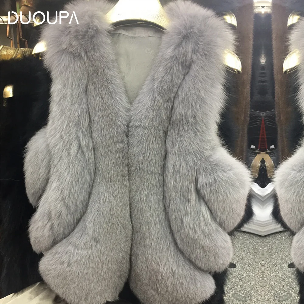 Женский короткий жилет DUOUPA зимний тонкий из натурального меха лисы 50 65 см с