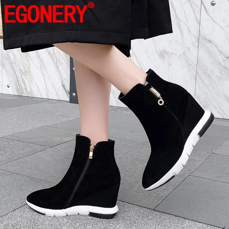 

EGONERY Hot Sale Woman Shoes 2022 Spring New Fashion Pointed Toe Cow Suede Ankle Botts Outside Super High Heels Zip Ladies Shoes