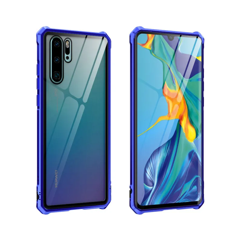 Алюминиевый металлический чехол-бампер для huawei P30 Pro Lite, Противоударная рамка, прозрачная 9H стеклянная задняя крышка, huawei P30Pro чехол s P30Lite - Цвет: Blue
