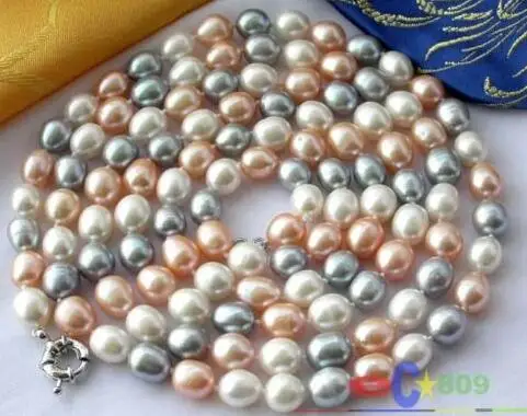 

50" 9-10MM RICE WHITE GRAY PINK FRESHWATER PEARL NECKLACE